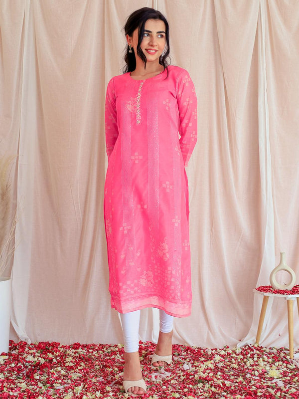 Pink Printed Chanderi Silk Straight Kurta