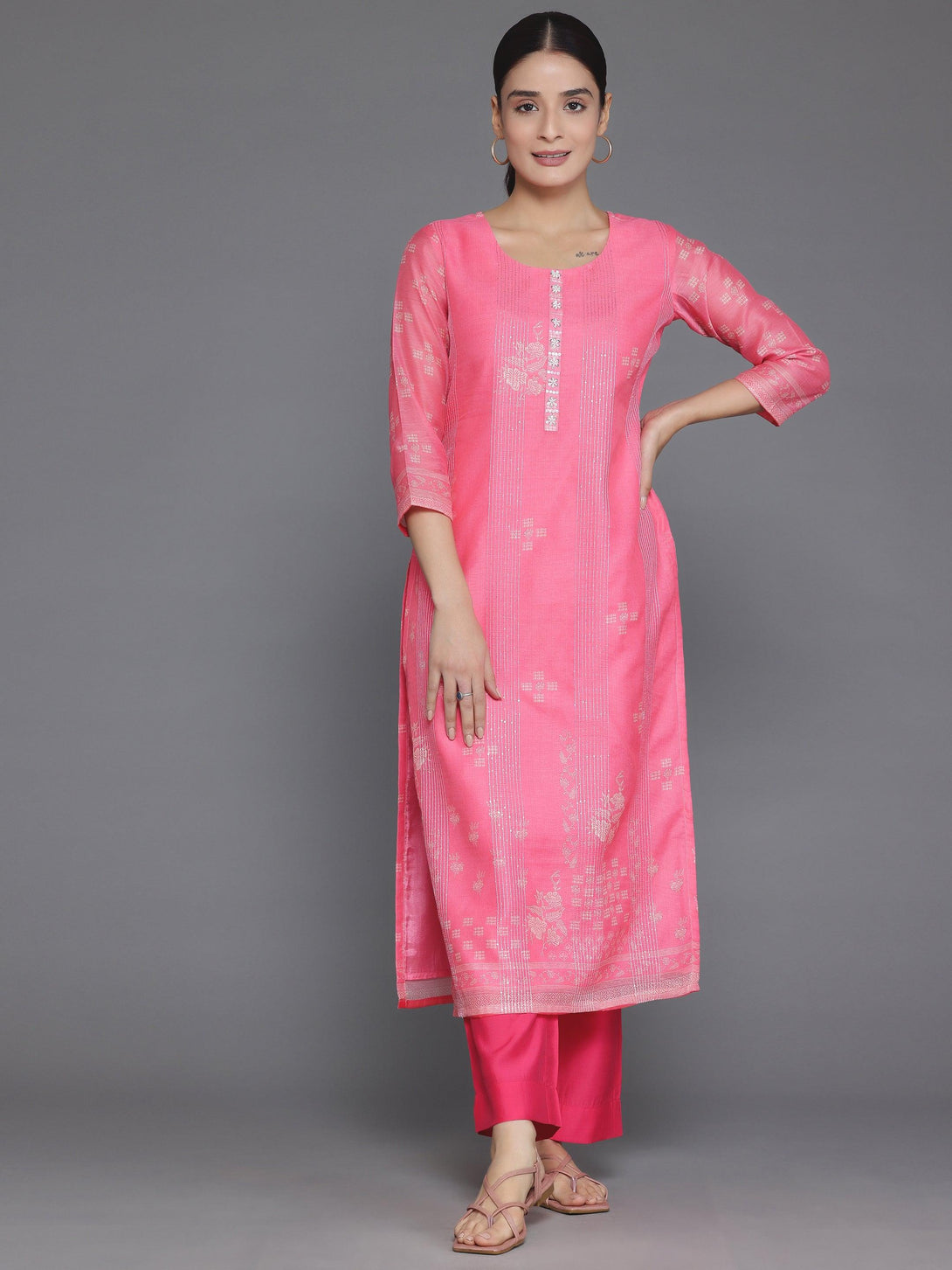 Pink Printed Chanderi Silk Straight Kurta - Jashvi