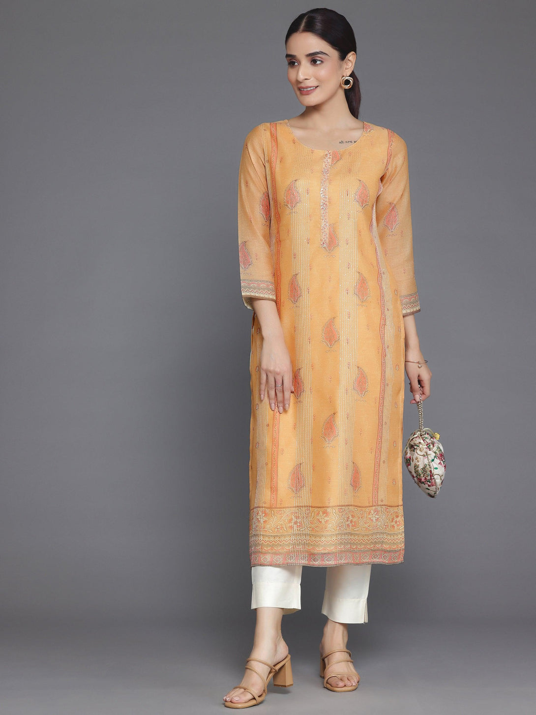 Orange Embellished Chanderi Silk Straight Kurta - Jashvi