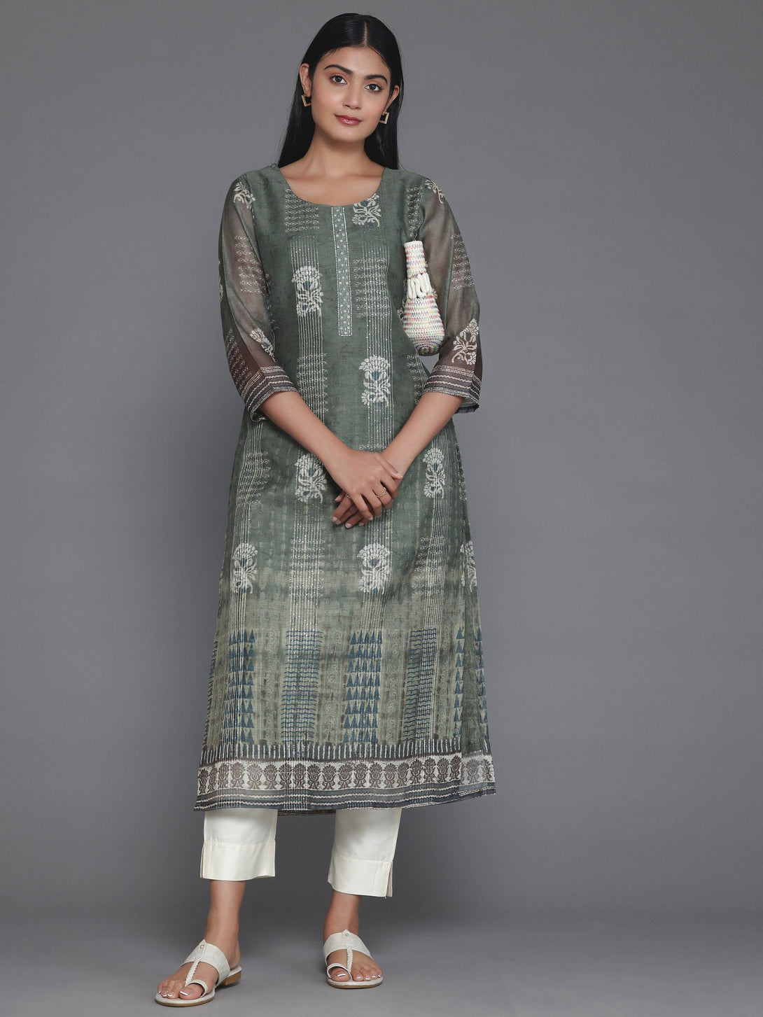 Olive Printed Chanderi Silk Straight Kurta - Jashvi