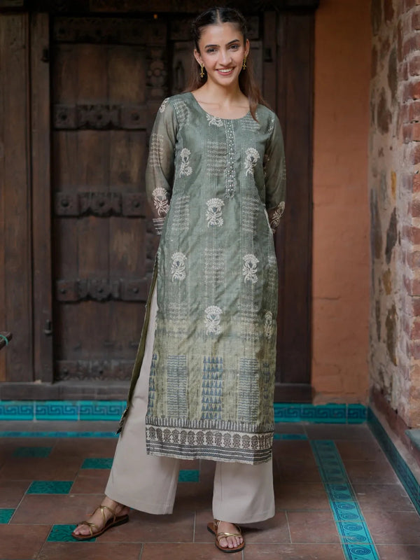 Olive Printed Chanderi Silk Straight Kurta