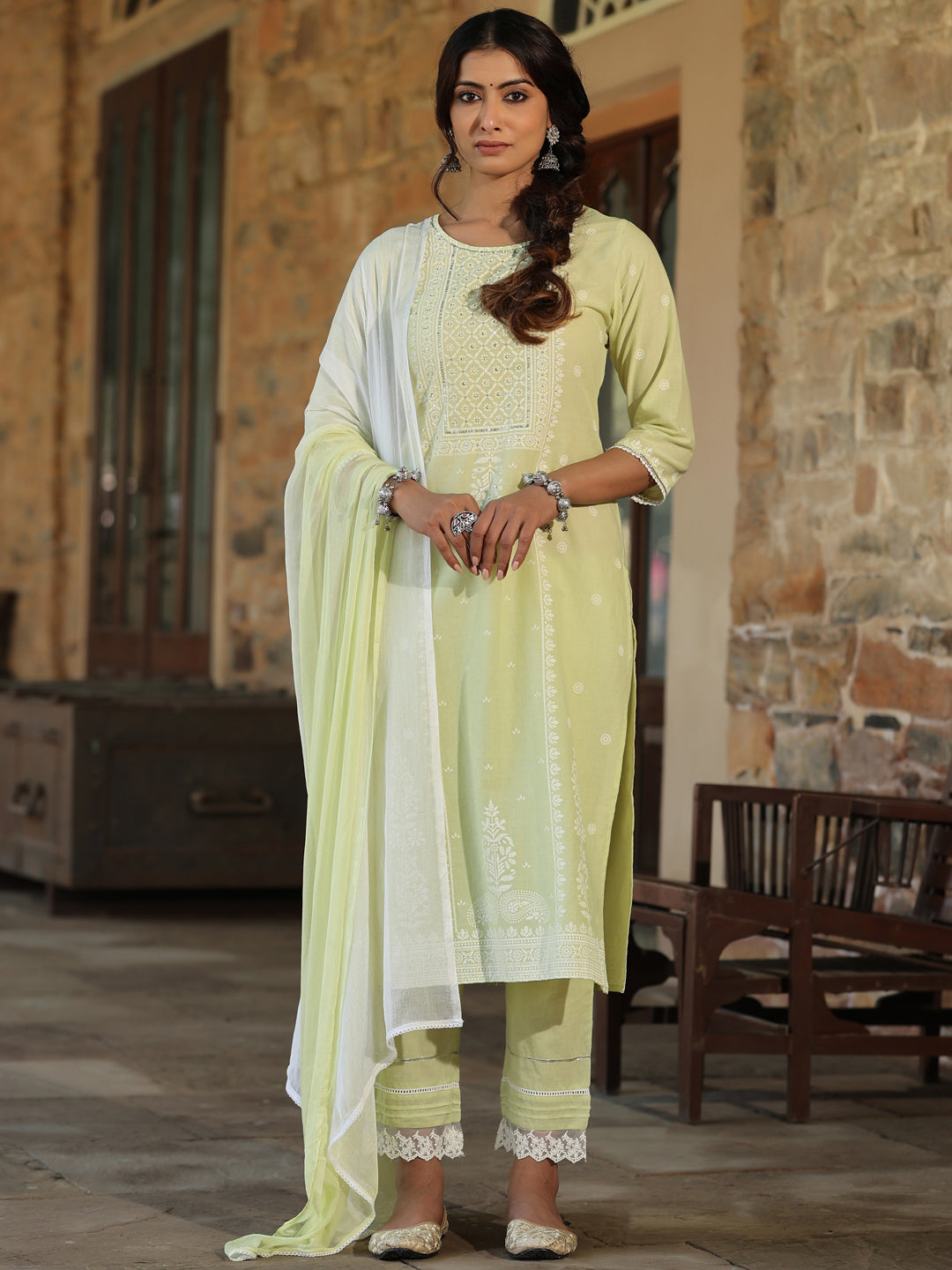 Women's Lime Green Cambric Floral Print Kurta Straight Pant And Duptta Sets - Juniper