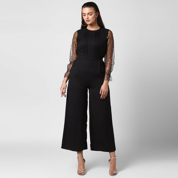 Women's Polyester embellished Net Sleeves jumpsuit - StyleStone