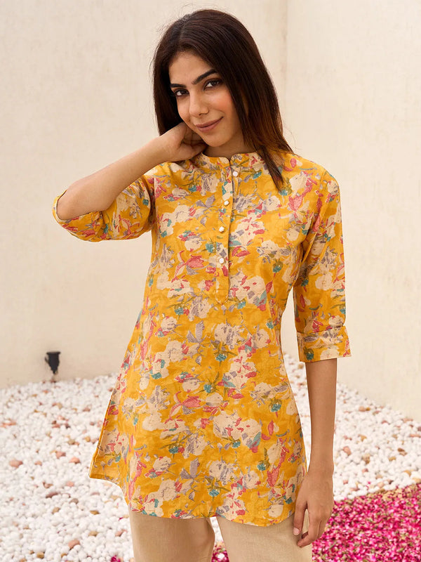 Yellow Printed Silk Blend A-Line Kurti