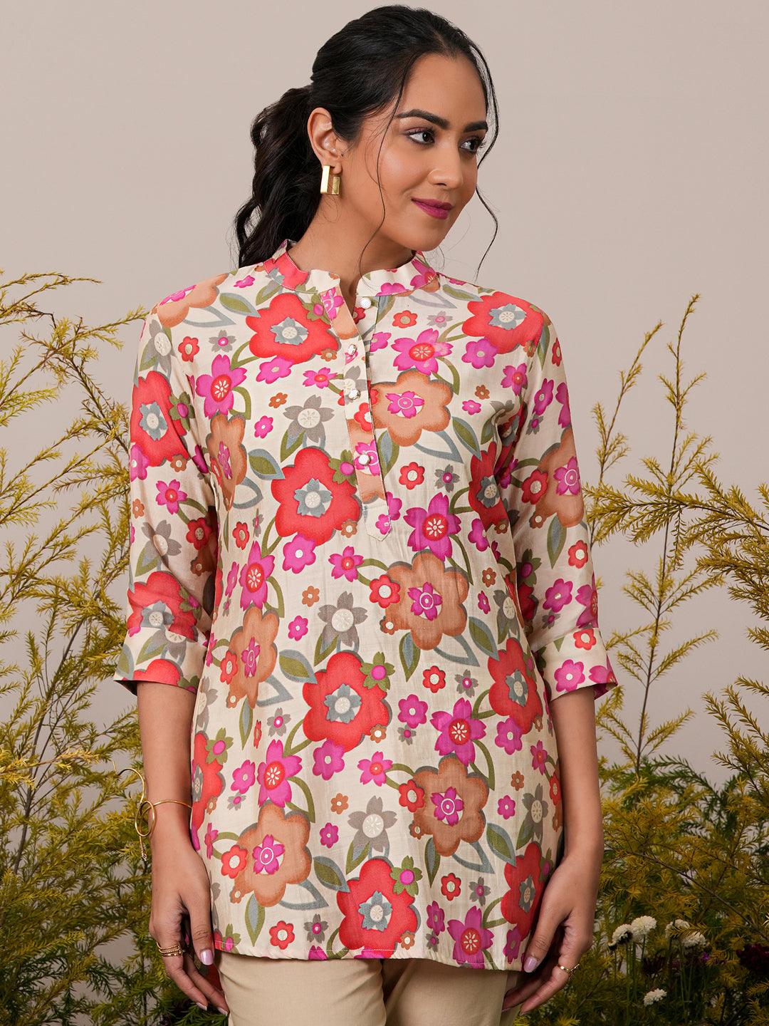 Cream Printed Silk Blend A-Line Kurti - Jashvi