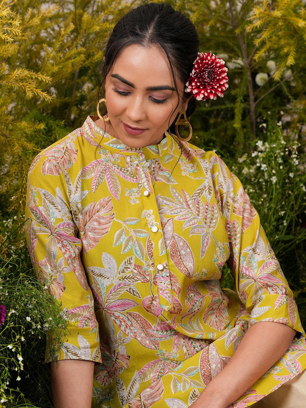 Yellow Printed Silk Blend A-Line Kurti