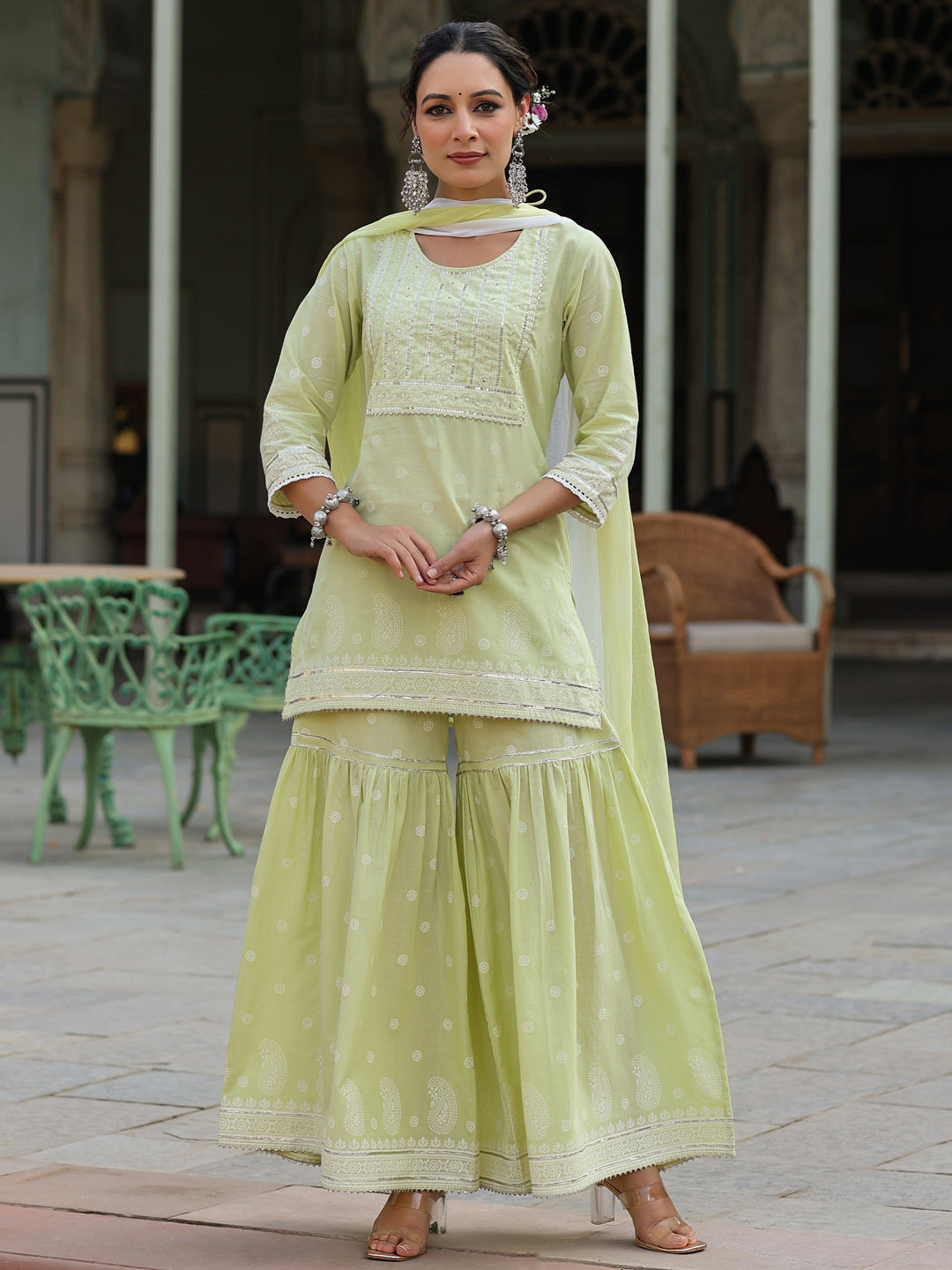 Women's Lime Green Cambric Floral Print Kurta Sharara Sets  - Juniper