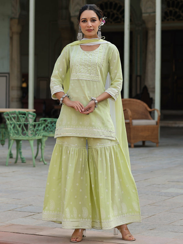 Jashvi Lime Green Ethnic Motif Print Pure Cotton Lacy Kurta Sharara & Dupatta Set With Beads & Sequins Work