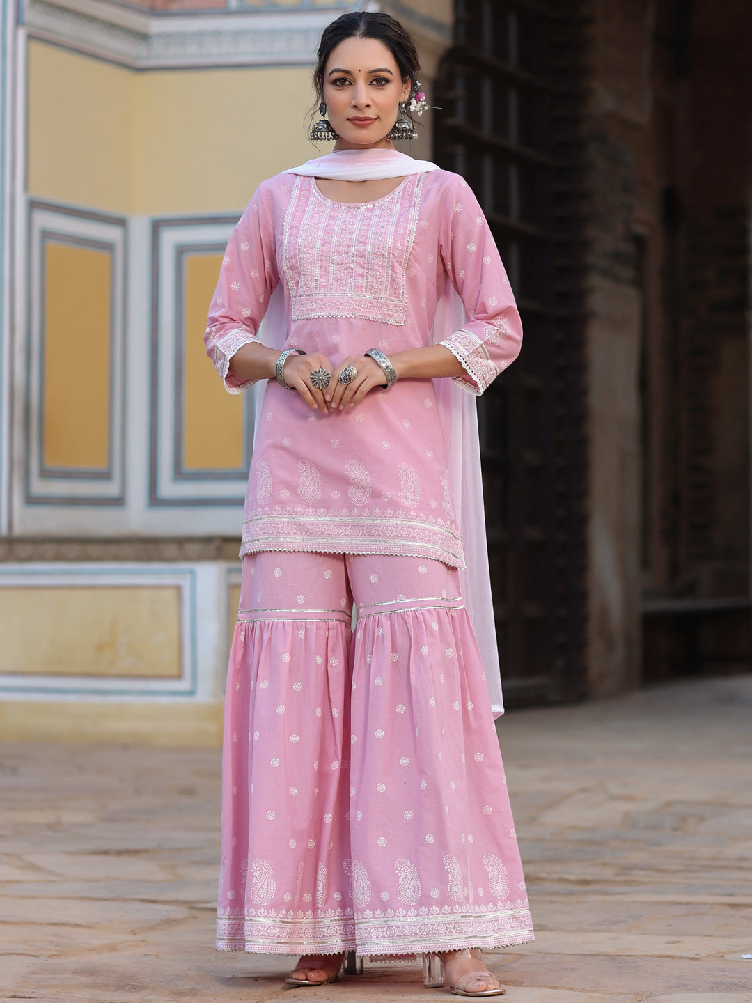 Women's Pink Cambric Floral Print Kurta Sharara Sets  - Juniper