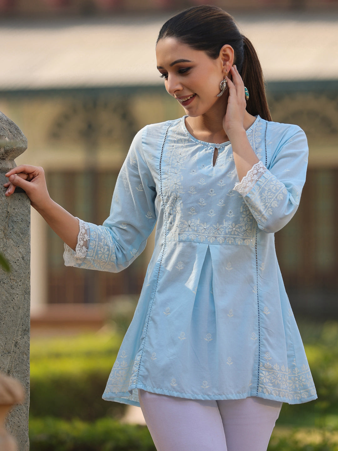 Women's Powderblue Cambric Floral Printed Tunic  - Juniper