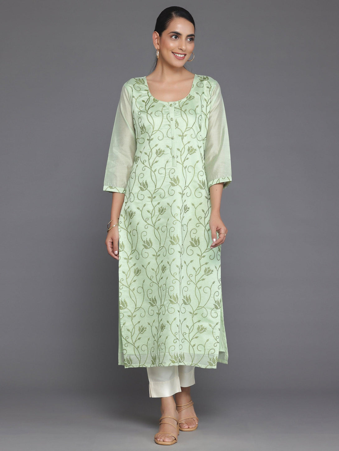 Green Embroidered Silk Straight Kurta - Jashvi