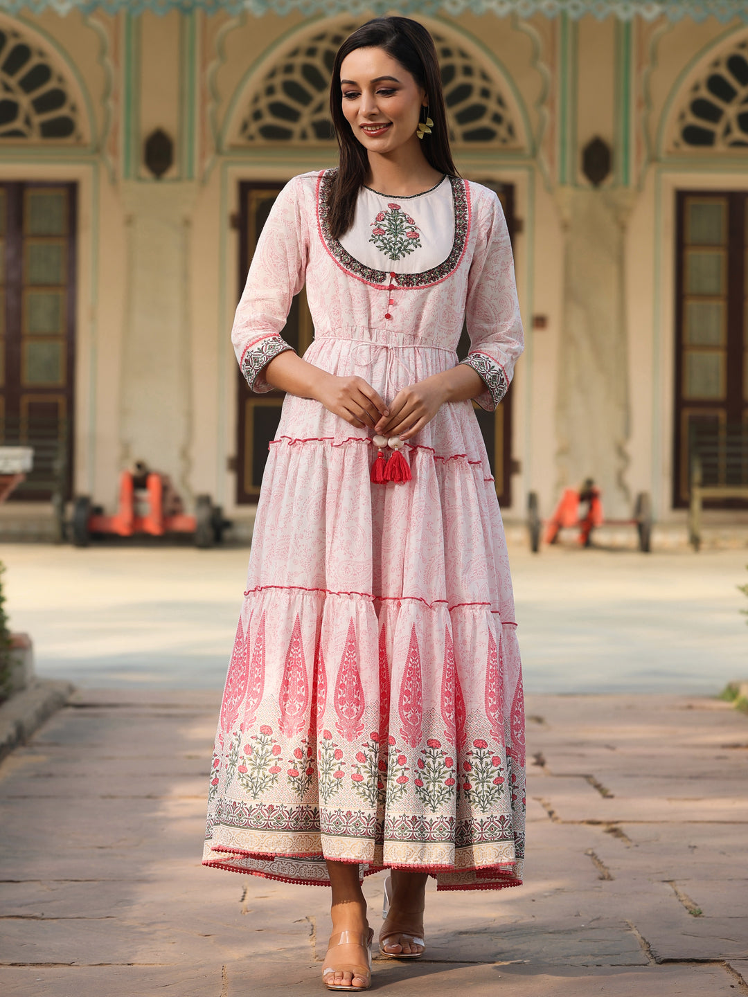 Women's Baby Pink Cotton Voile Printed Tiered Maxi Dress. - Juniper