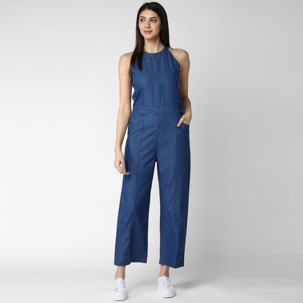 Women's Denim Sleeveless Jumpsuit - StyleStone