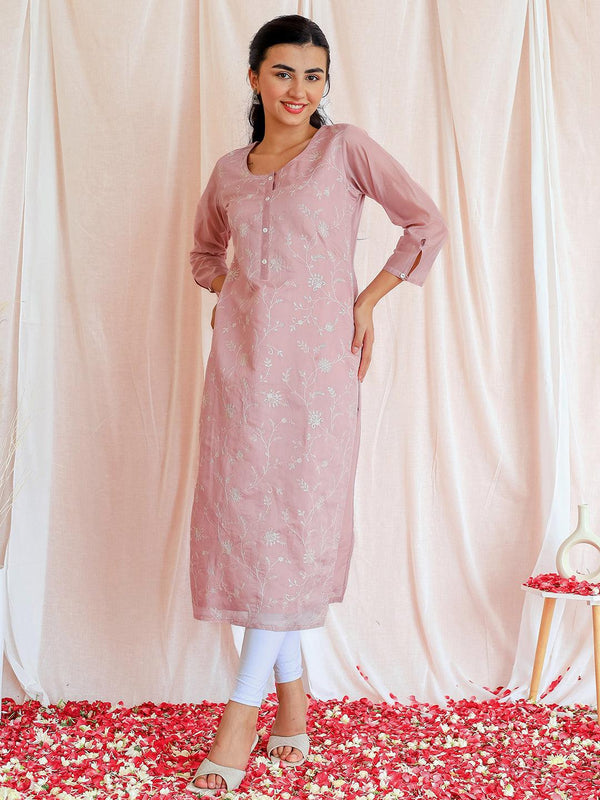 Mauve Embroidered Silk Straight Kurta