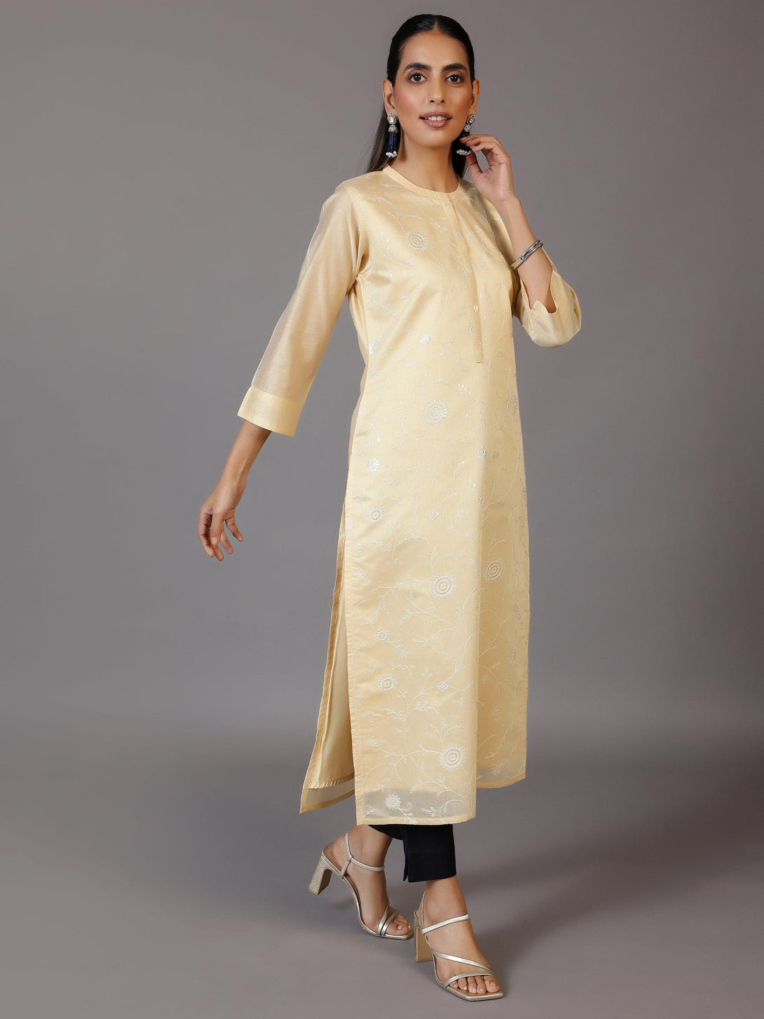 Gold Embroidered Silk Straight Kurta - Jashvi