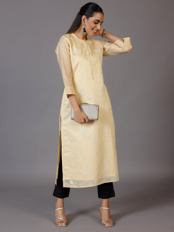 Gold Embroidered Silk Straight Kurta