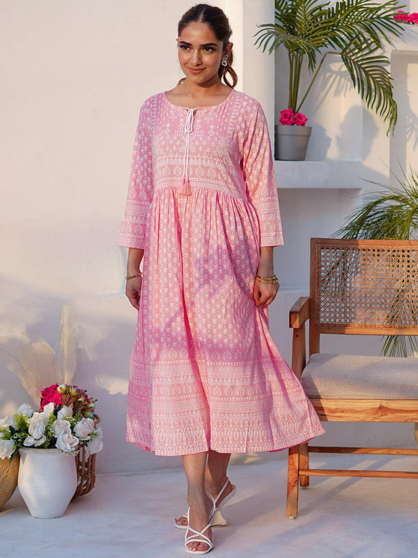 Pink Printed Cotton Fit and Flare Dress - Jashvi