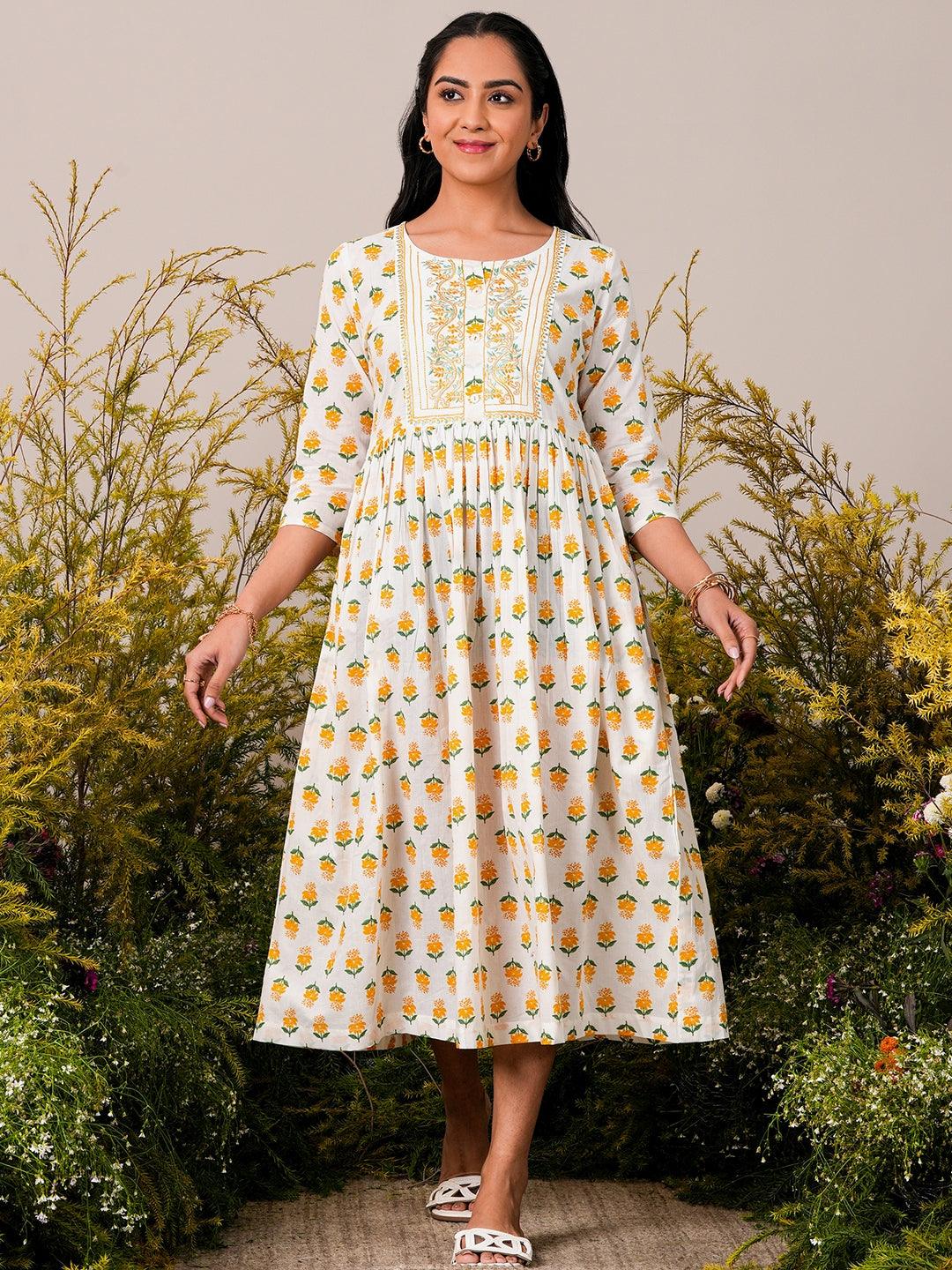 White Printed Cotton Fit and Flare Dress - Jashvi