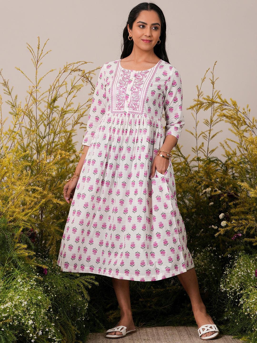 White Printed Cotton Fit and Flare Dress - Jashvi