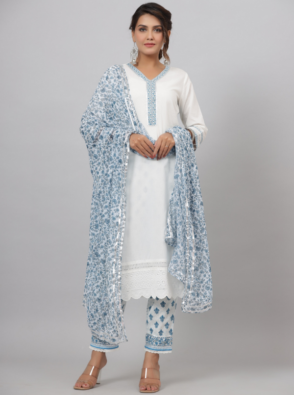 Women's White Cotton Cambric Solid Kurta Floral Printed Pant & Dupatta Set - Juniper