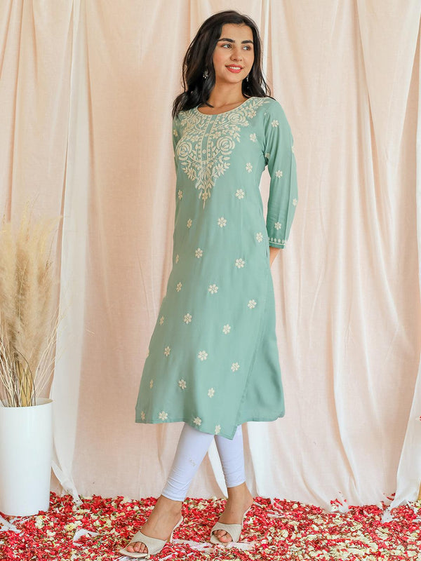 Green Embroidered Rayon Straight Kurta