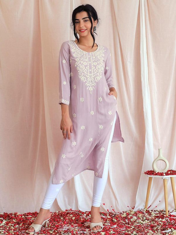 Mauve Embroidered Rayon Straight Kurta