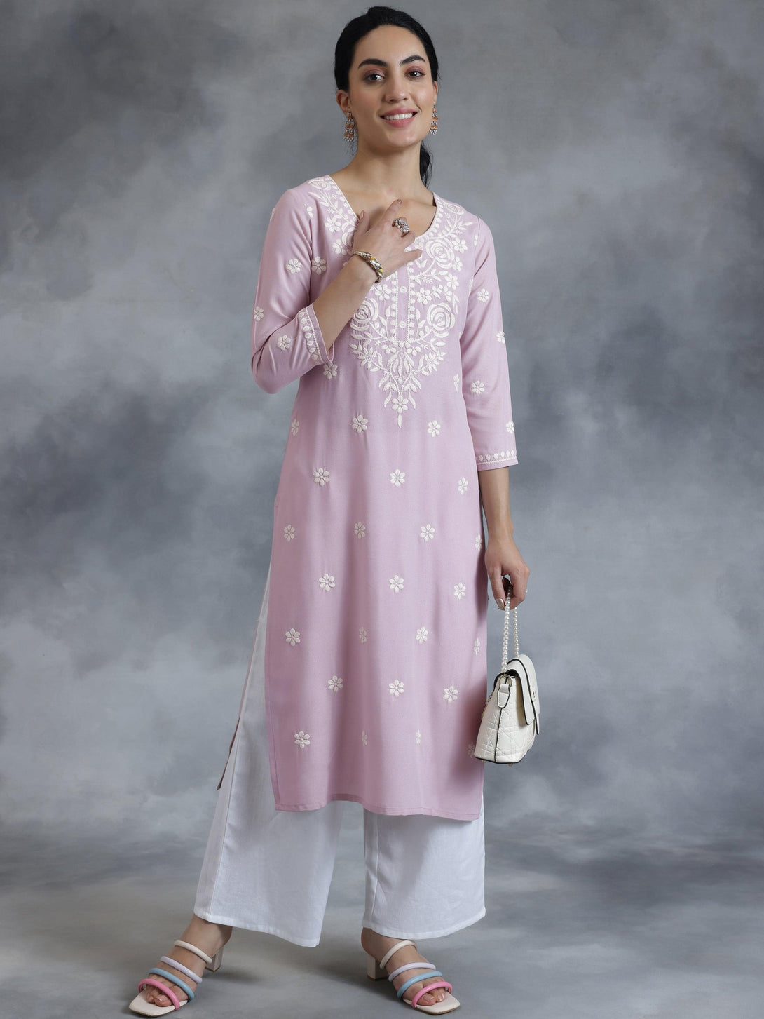 Mauve Embroidered Rayon Straight Kurta - Jashvi