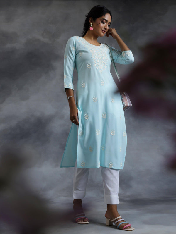 Blue Embroidered Rayon Straight Kurta - Jashvi