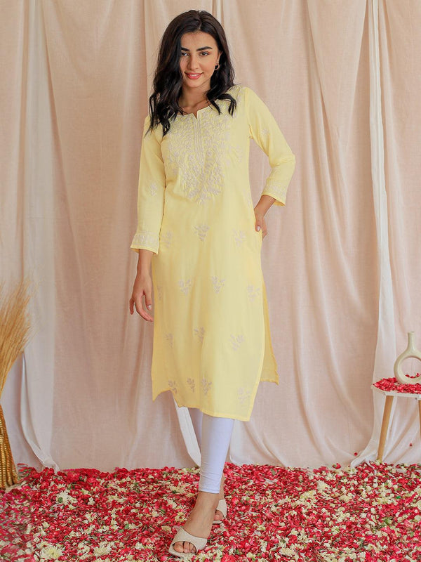 Yellow Embroidered Rayon Straight Kurta