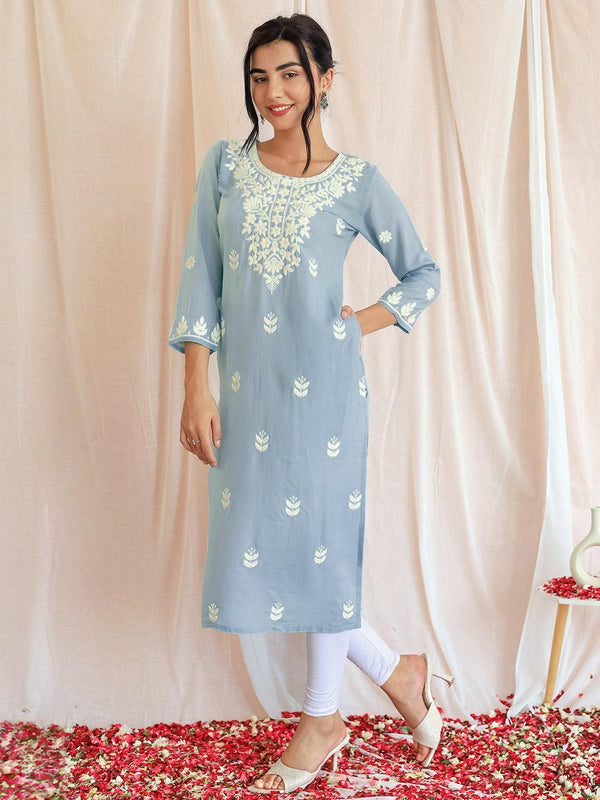 Stone Blue Embroidered Rayon Straight Kurta