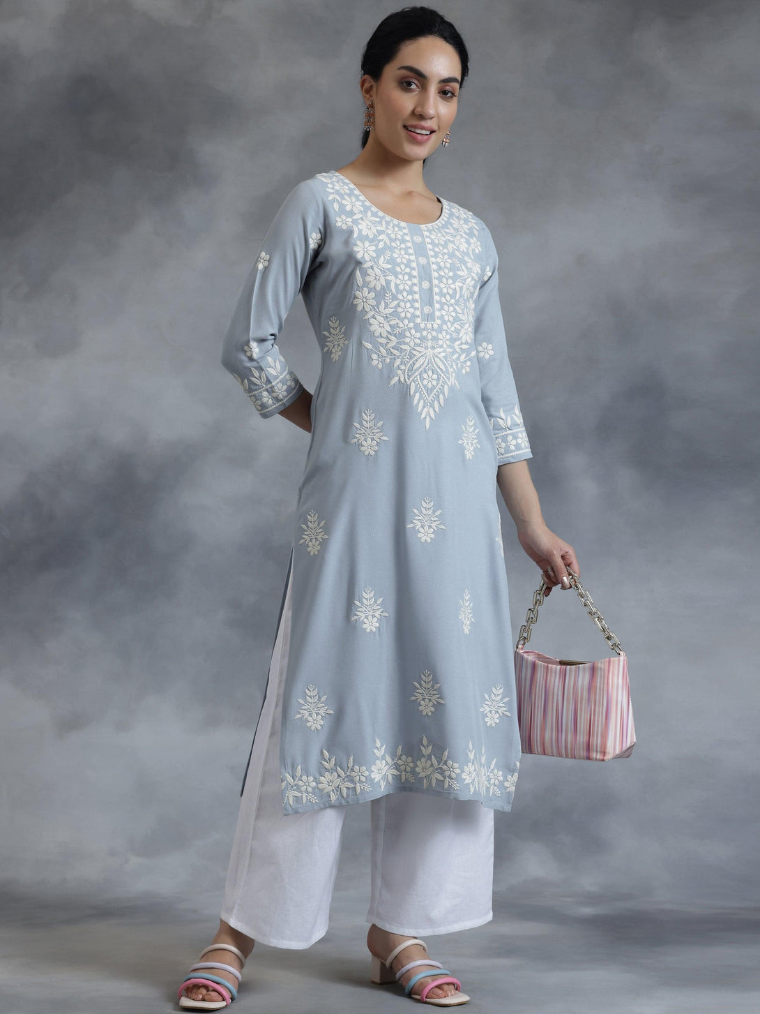 Stone Blue Embroidered Rayon Straight Kurta - Jashvi