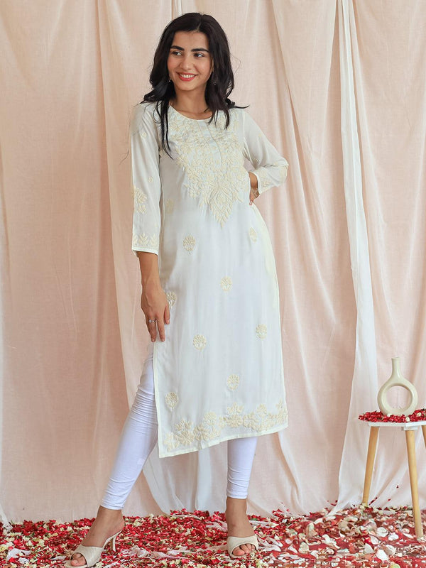 Off White Embroidered Rayon Straight Kurta