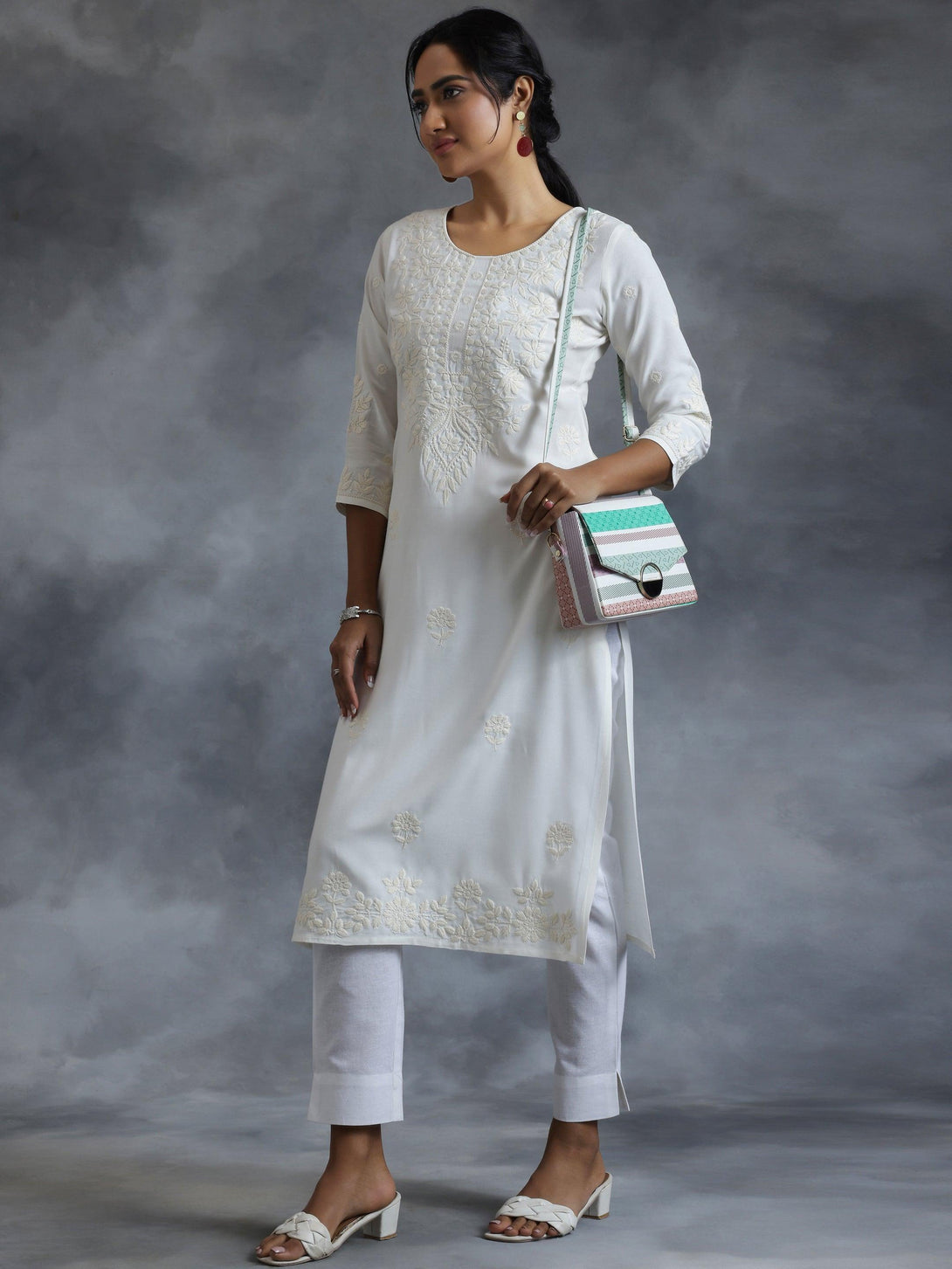 Off White Embroidered Rayon Straight Kurta - Jashvi