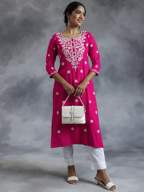 Pink Embroidered Rayon Straight Kurta - Jashvi