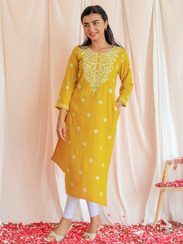 Mustard Embroidered Rayon Straight Kurta