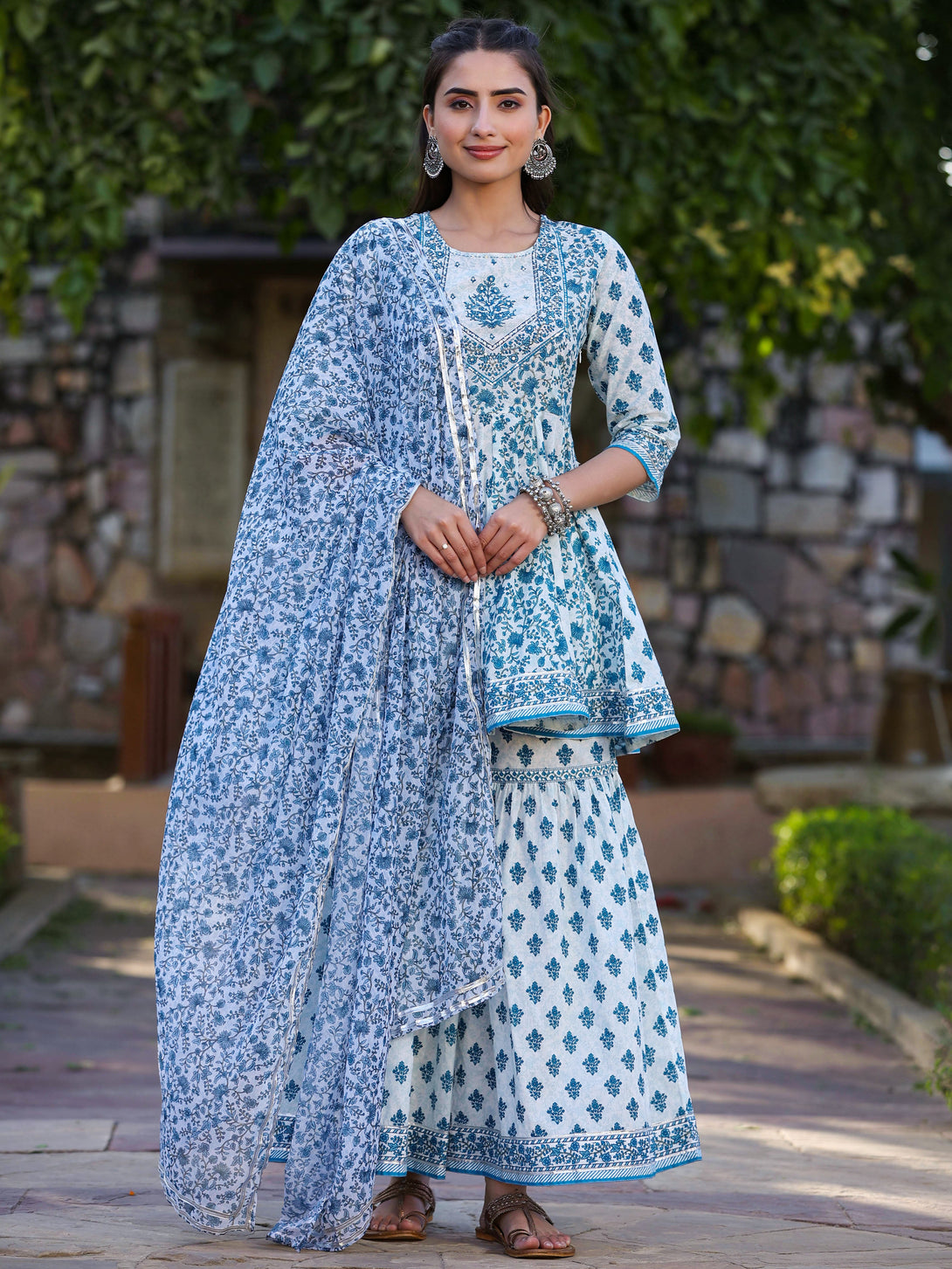 Women's Blue Cotton Cambric Floral Placement Printed Anarkali Kurta Sharara & Dupatta Set - Juniper