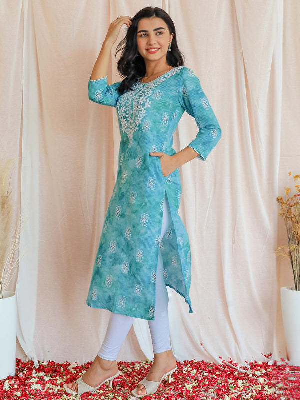 Blue Printed Cotton Straight Kurta