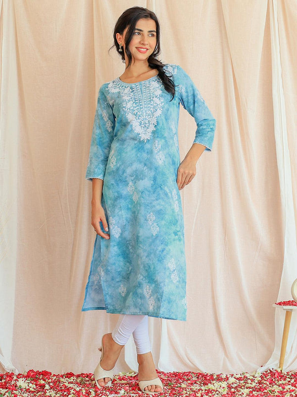 Blue Printed Cotton Straight Kurta