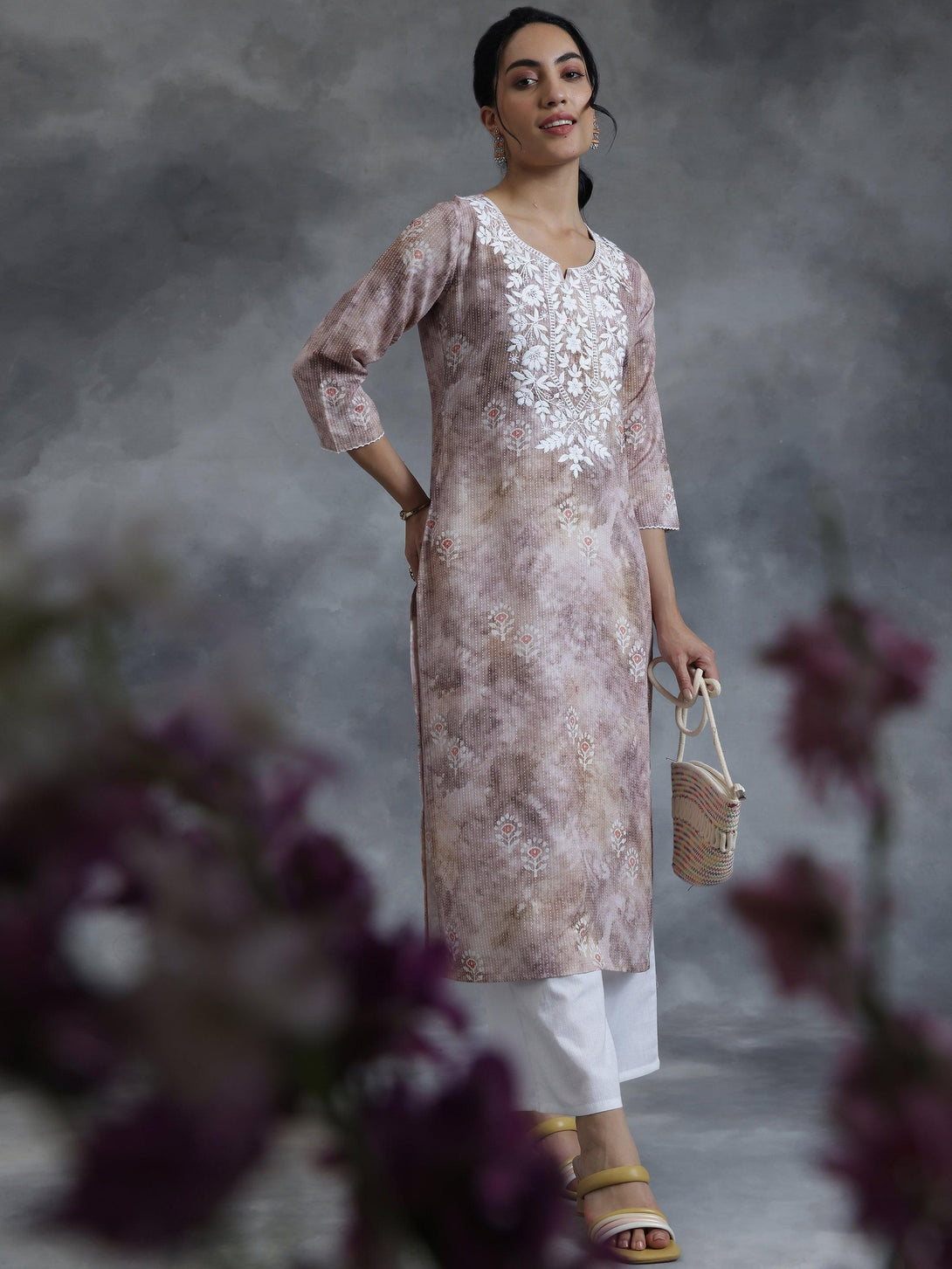 Taupe Printed Cotton Straight Kurta - Jashvi