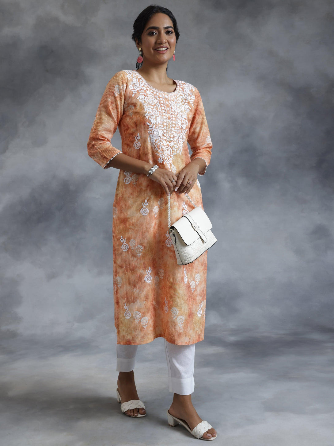 Rust Embroidered Cotton Straight Kurta - Jashvi