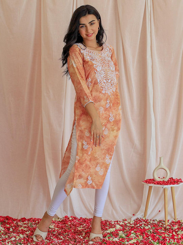 Rust Embroidered Cotton Straight Kurta