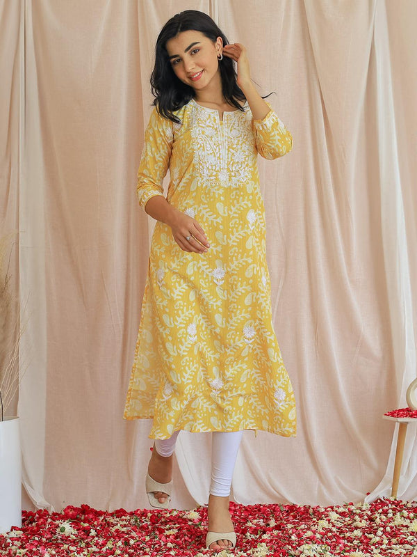 Yellow Embroidered Cotton Straight Kurta