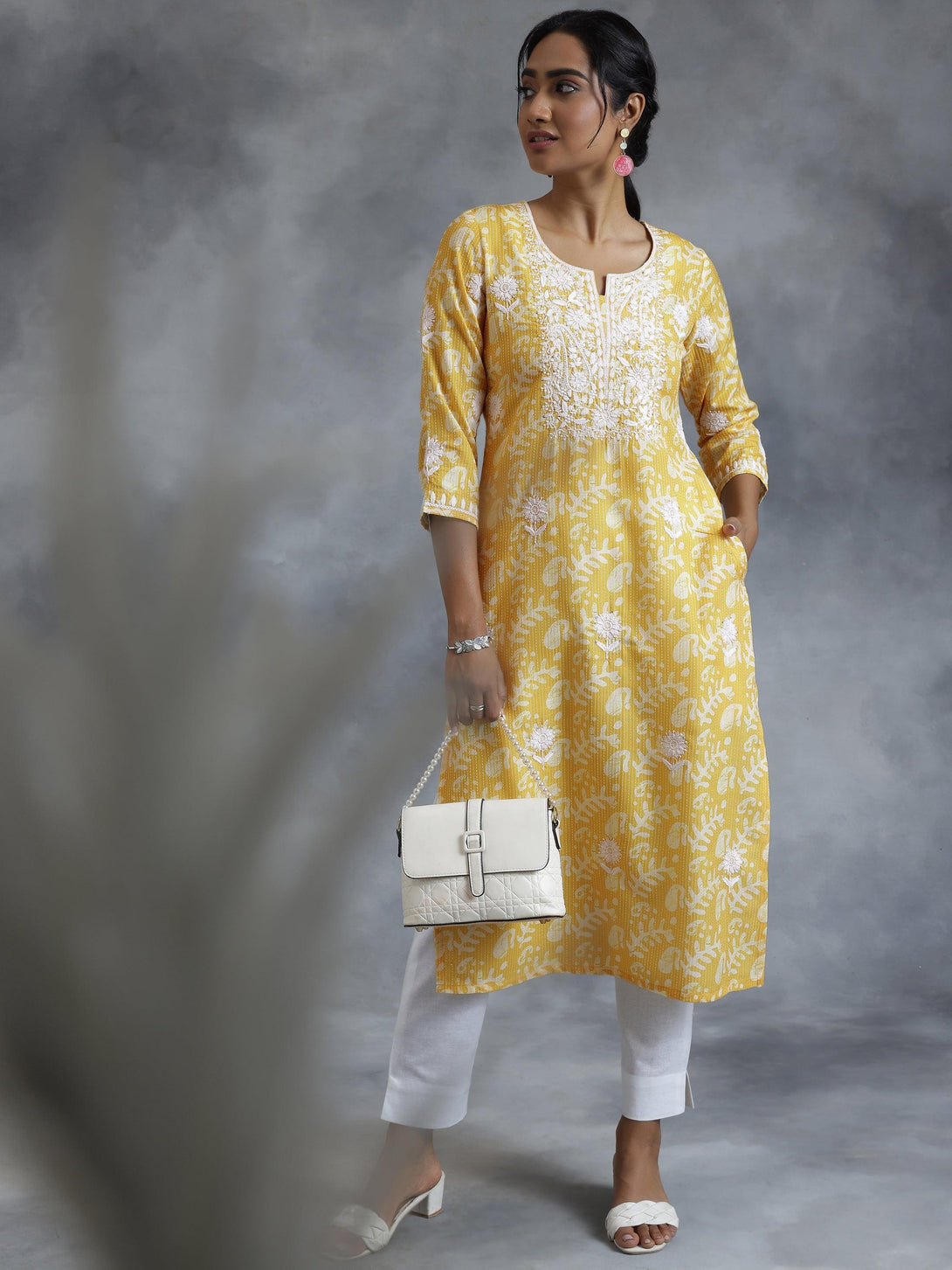 Yellow Embroidered Cotton Straight Kurta - Jashvi