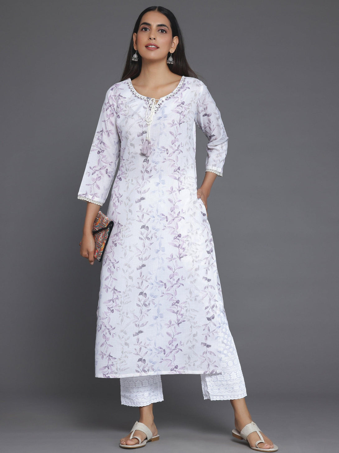 Off White Printed Cotton Straight Kurta - Jashvi