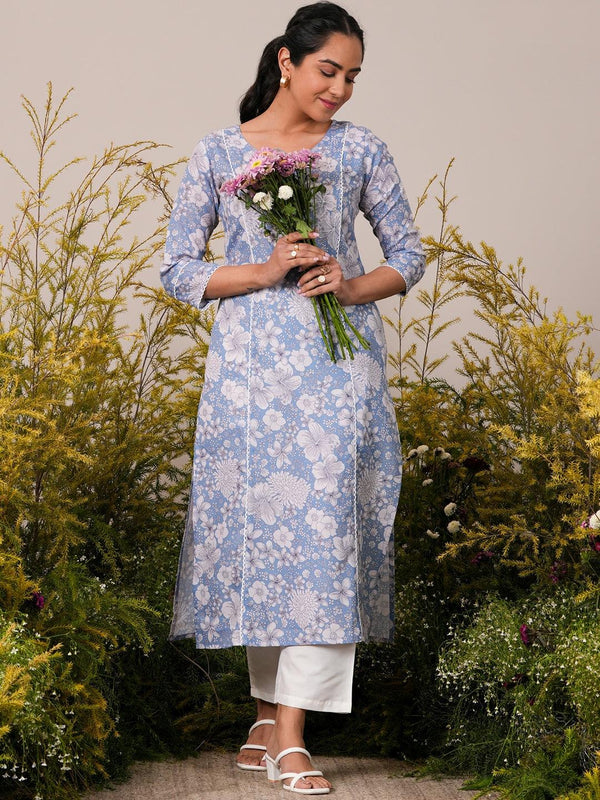 Blue Printed Cotton Straight Kurta - Jashvi