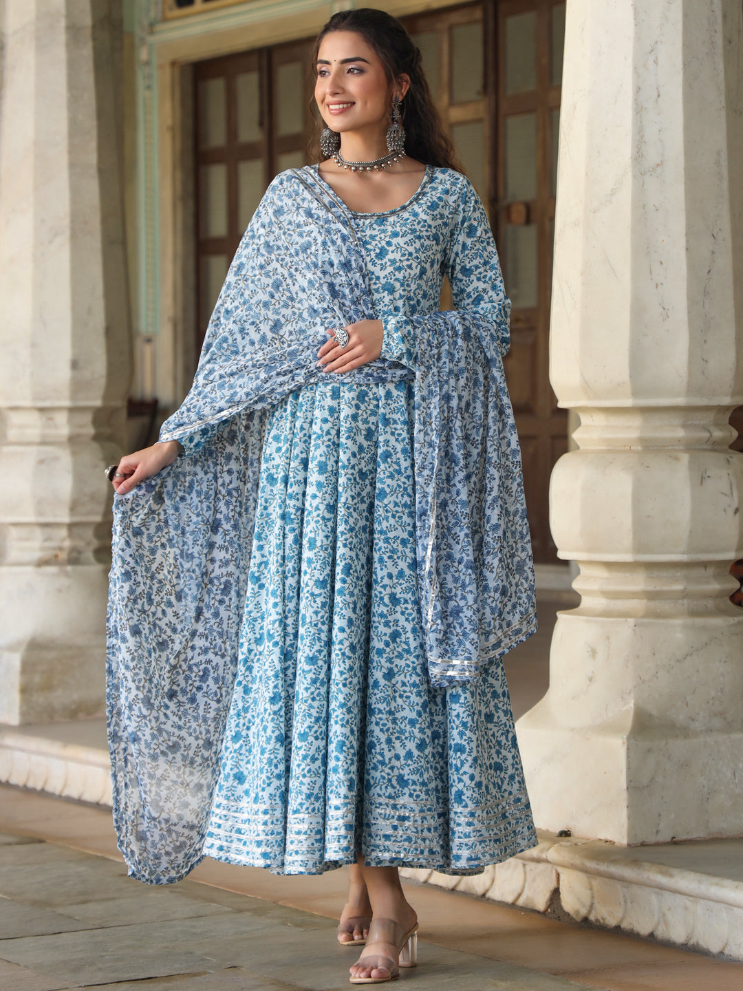 Women's Blue Cambric Floral Printed Circular Kurta Dupatta Sets - Juniper