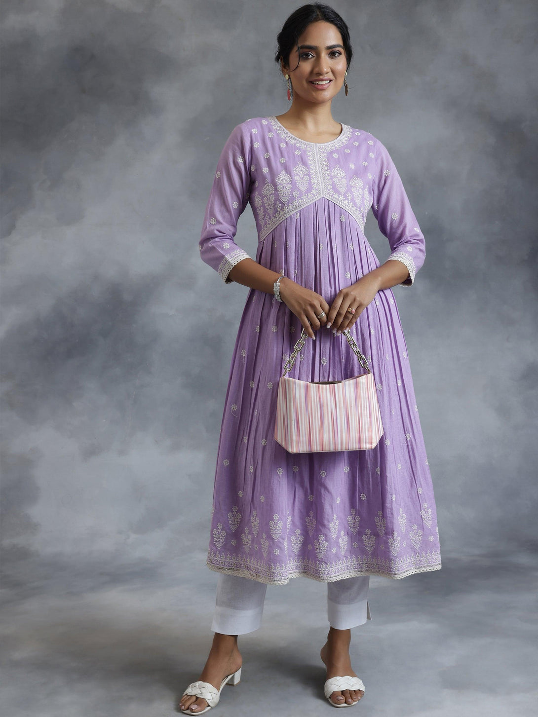 Lavender Embroidered Cotton A-Line Kurta - Jashvi