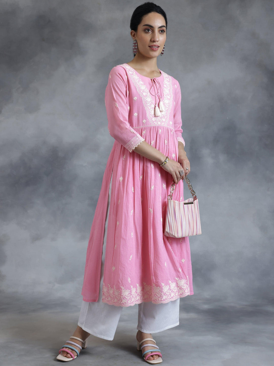 Pink Embroidered Cotton A-Line Kurta - Jashvi