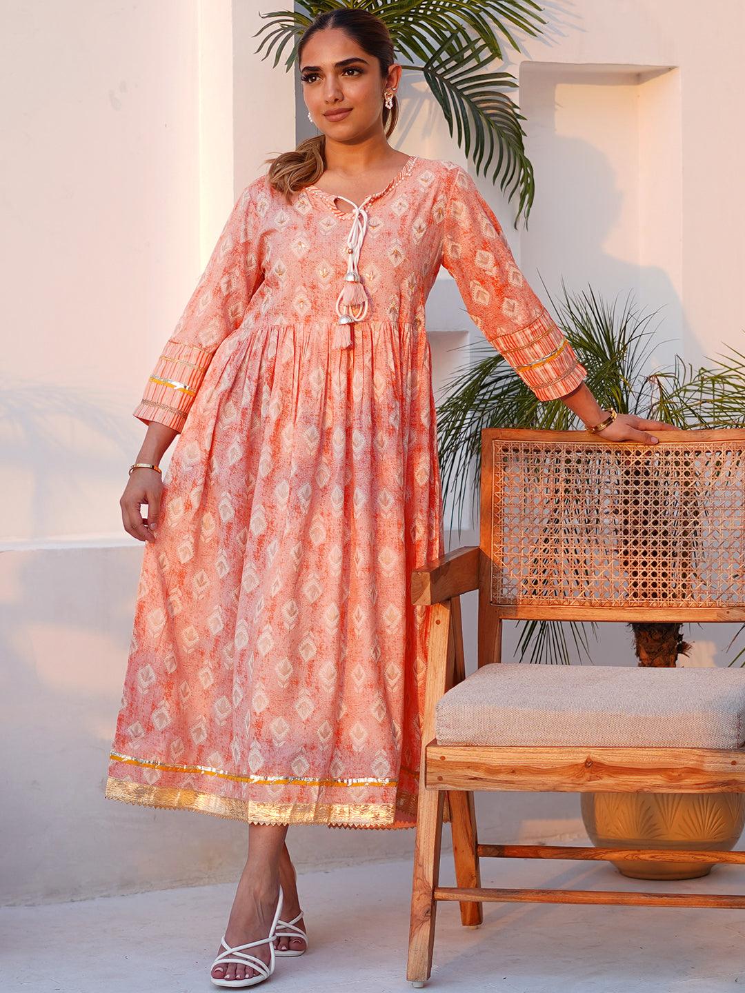 Peach Printed Cotton Fit and Flare Dress - Jashvi