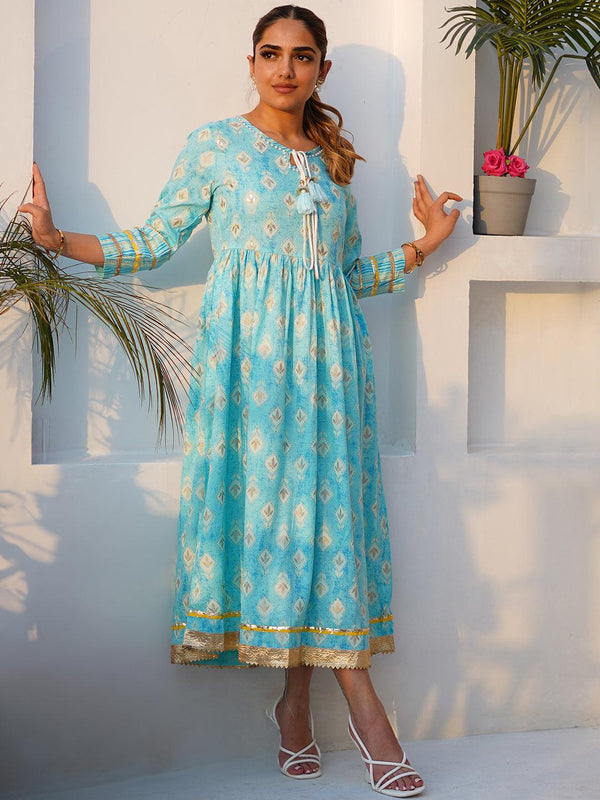 Turquoise Printed Cotton Fit and Flare Dress - Jashvi